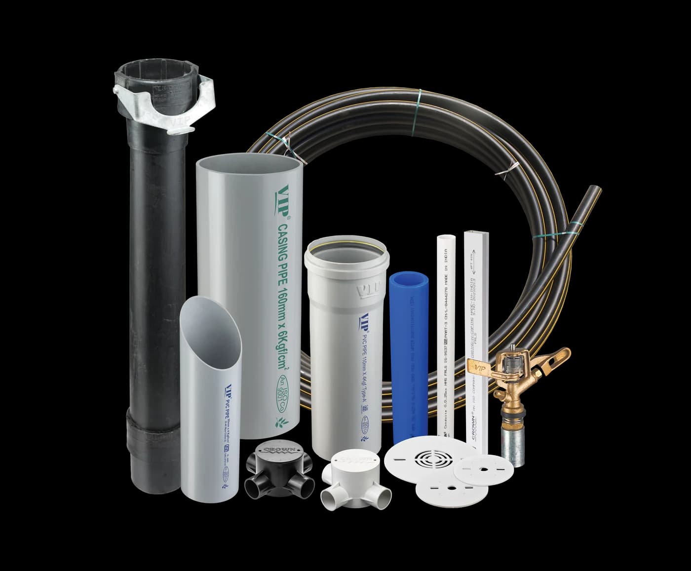 The VIP Pipes product range, borewell casing, HDPE, sprinkler, conduit and SWR systems