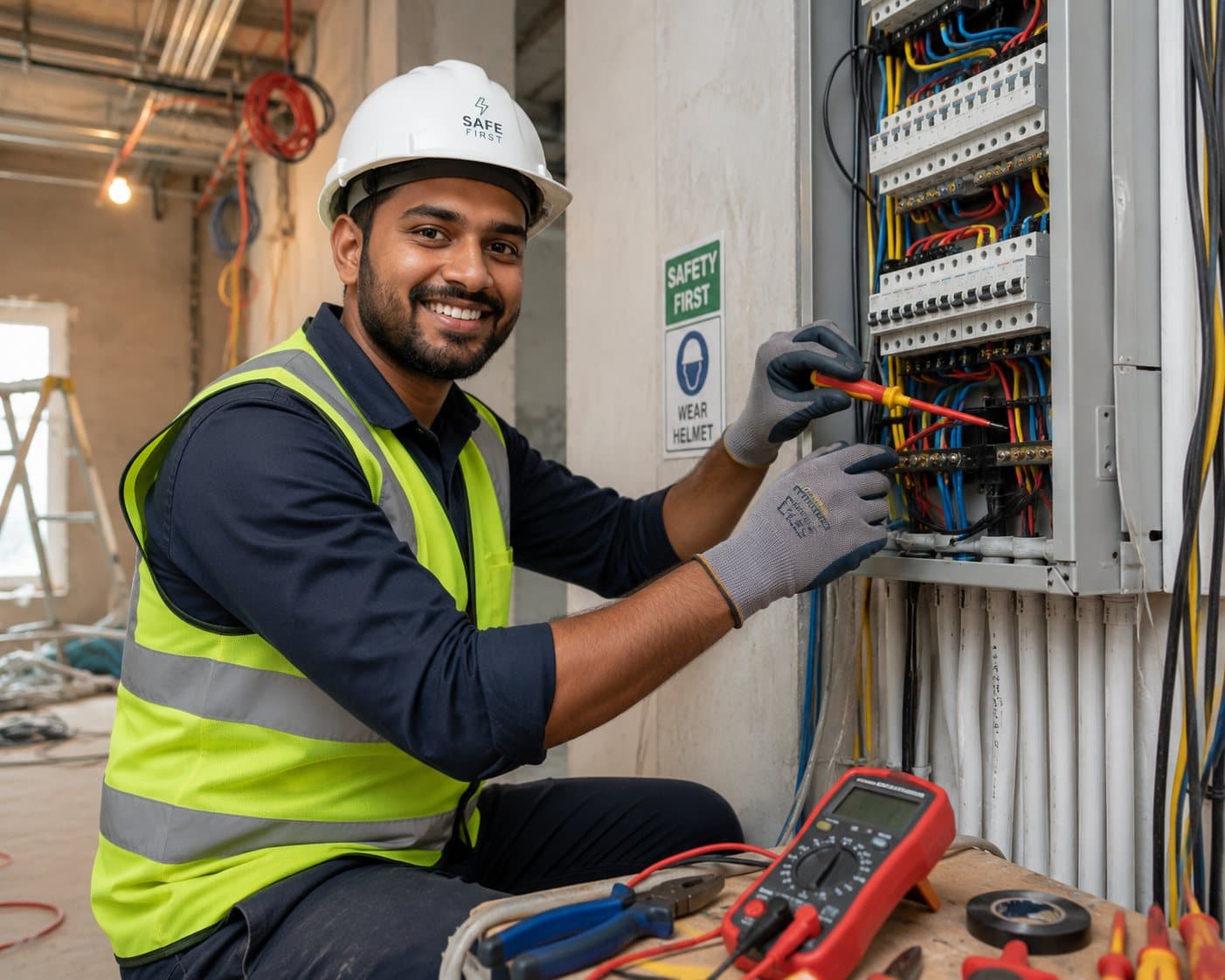 Electrician at work wiring an electrical panel on a building site